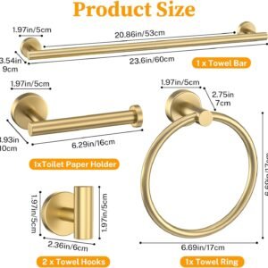Brushed Gold Towel Bar Set 10 Pieces Round Bathroom Hardware Set Includes 23.6in Towel Bar Towel Ring Toilet Paper Holder Towel Hooks Stainless Steel Wall-Mounted Bathroom Towel Holder Set